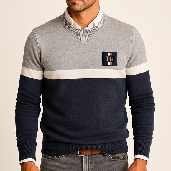 Tommy Hilfiger Colorblock Crewneck Sweatshirt Gray Navy TH Patch - Picture 1 of 5